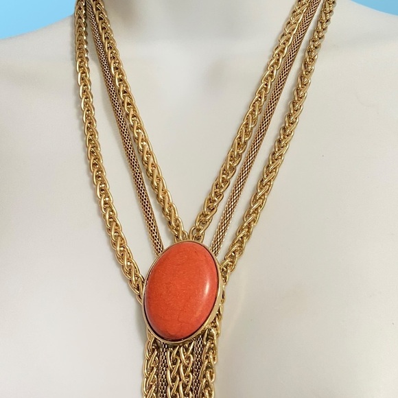 CHARMING CHARLIE Orange & Gold Chain Tassel Necklace - Picture 2 of 7